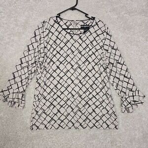 Karl‎ Lagerfeld Paris Blouse Womens M Ivory Black Ruffle Sleeve Geometric Modern